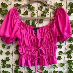 Bright pink satin top with puff sleeves!